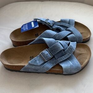 NEW Birkenstock Lugano Denim Blue Leather Cross-Strap Sandals 40 9
